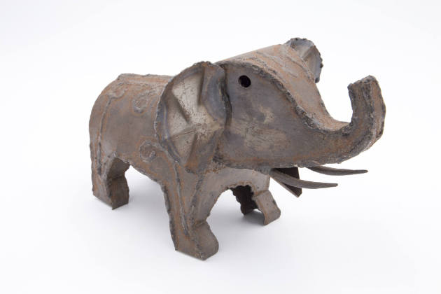 Artist unidentified, “Tin Elephant”, Puerta Vallerta, Mexico, c. 1950, Tin, 7 x 12 1/2 x 8 in.,…