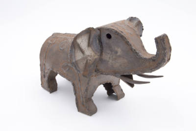 Artist unidentified, “Tin Elephant”, Puerta Vallerta, Mexico, c. 1950, Tin, 7 x 12 1/2 x 8 in.,…