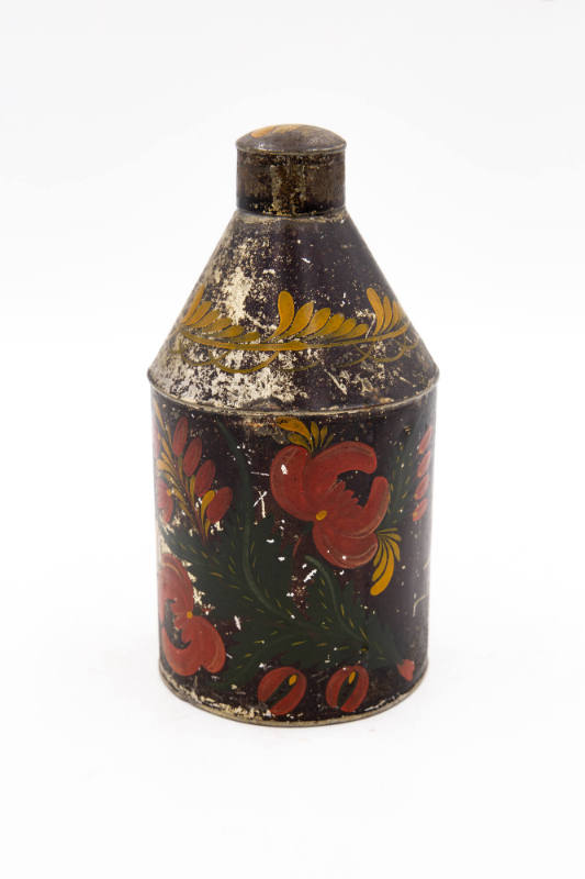 Artist unidentified, “Canister”, Eastern United States, n.d., Paint on tinplate, 8 x 4 1/4 x 4 …