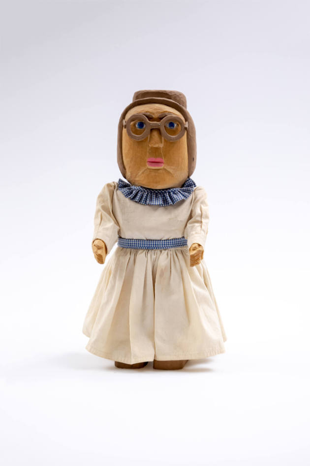 Judy Webb, “Female Figure,” Kentucky, 20th Century, Carved and painted wood with cloth, 16 1/2 …