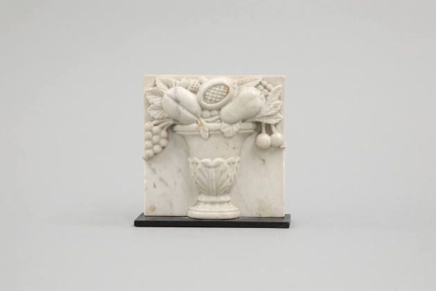 Artist unidentified, “Vase with Flowers,” United States, c. 1830–1870, Marble, 6 x 6 x 1 3/8 in…
