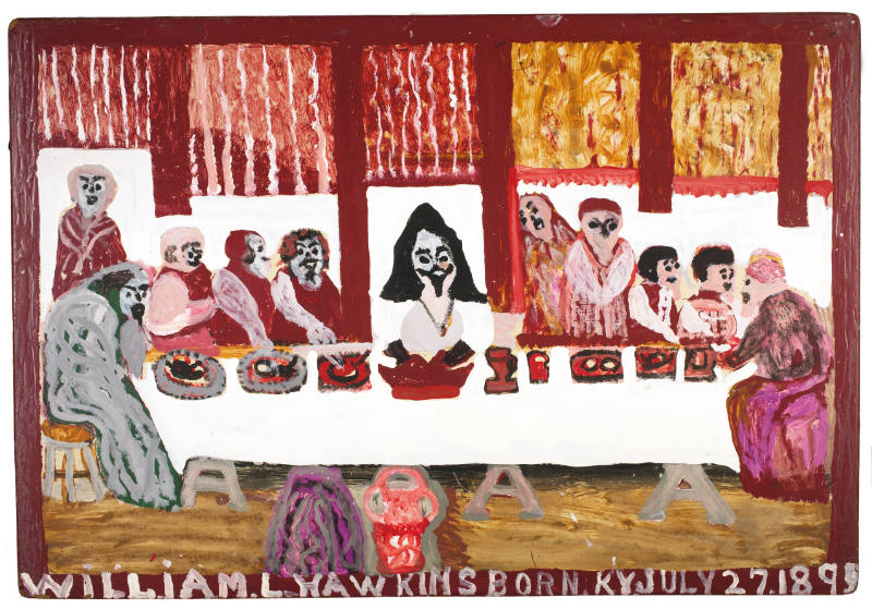 William L. Hawkins, “Untitled (Last Supper No. 5)”, Columbus, Ohio, 1986, Enamel on Masonite, 3…