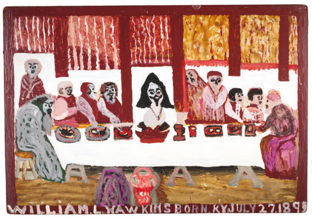 William L. Hawkins, “Untitled (Last Supper No. 5)”, Columbus, Ohio, 1986, Enamel on Masonite, 3…