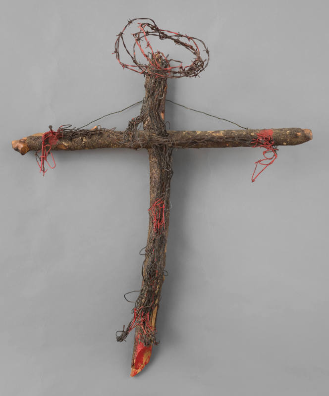 Thornton Dial Jr., “Crucifixion”, United States, c. 1989, Wood, barbed wire, paint, 52 × 44 1/2…