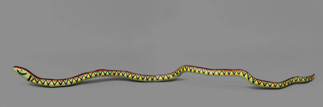 Miles Carpenter, “Snake”, Waverly, Virginia, 1974, Paint on wood, twist-tie tongue, 9 × 121 × 1…
