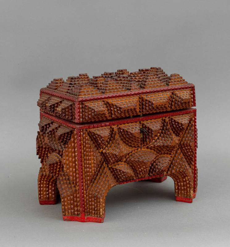 Joseph Yoges (1878–after 1957), “Tramp Art Jewelry Box”, Detroit, Michigan, 1930s, Carved wood,…