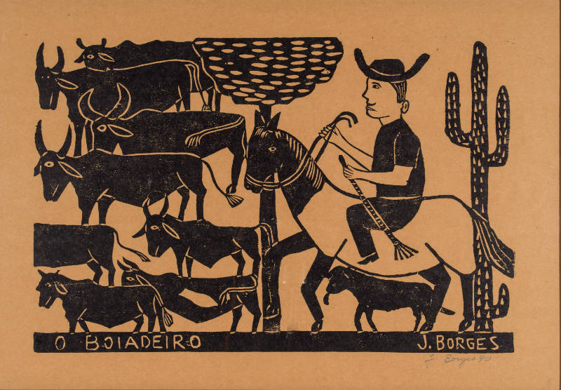 J. Borges, “O Boiadeiro”, Bezerros, Pernambuco, Brazil, 1990, Woodblock print on paper, 12 1/2 …