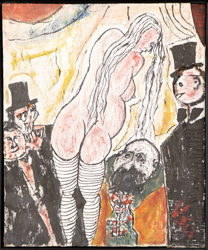 Koci, “Nude Entertaining Gentlemen,” San Francisco, n.d., Ink and paint on wood panel with reli…