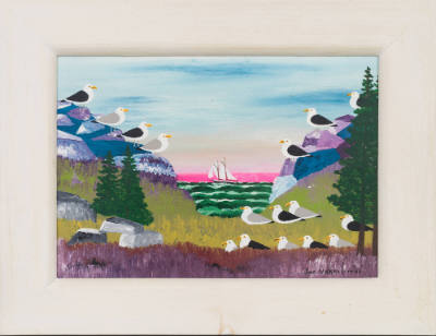 Joseph (Joe) Norris, “Seagulls on Rocks ”, Lower Prospect, Nova Scotia, Canada, 1985, Enamel wi…