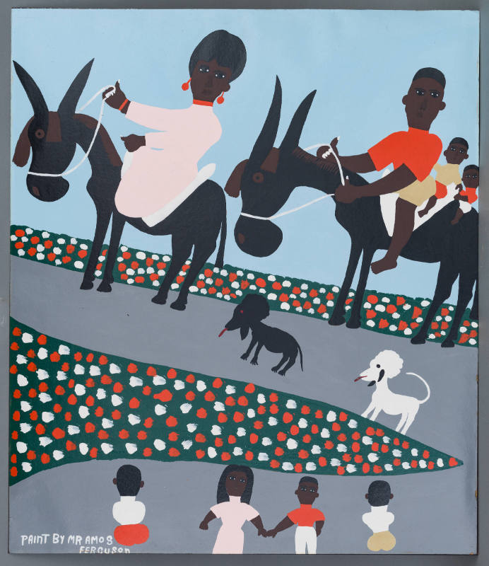 Amos Ferguson, “Sunday Ride on Donkeys”, New York City, n.d., Enamel on paperboard, 36 x 30 in.…