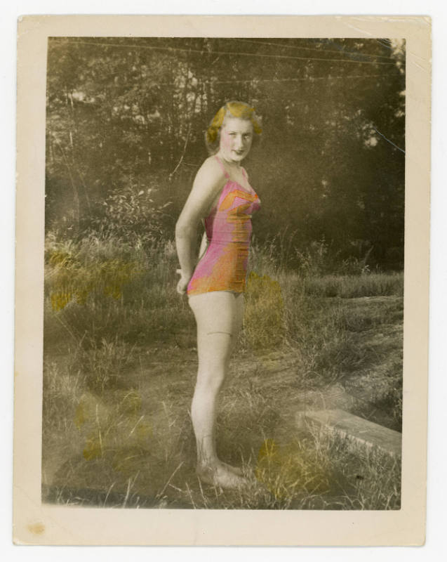 Artist unidentified, “Untitled [Woman in bathing suit]”, United States, c. 1916–1960, Hand-tint…