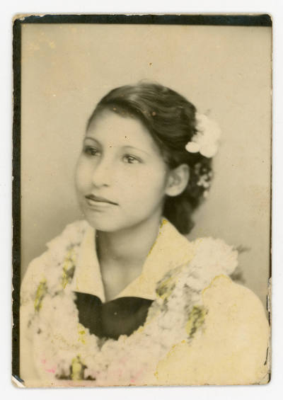 Artist unidentified, “Untitled [Photo Booth portrait of woman wearing a lei]”, United States, c…