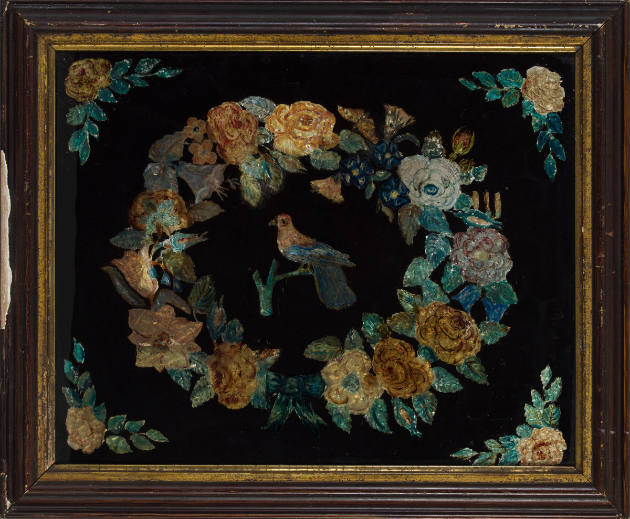 Artist unidentified, “Bird Surrounded By Garland”, United States, n.d., Glass, paint, foil, woo…