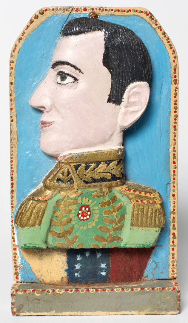 Jose de los Santos Moreno, “Portrait of Simon Bolivar,” Merida, Venezuela, 1989, Paint on wood,…