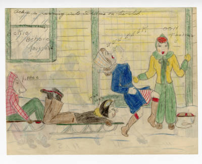 Mary Paulina Corbett, “[Ackie is running into Thelma on his sled.] from The Catville Kids”, Boo…