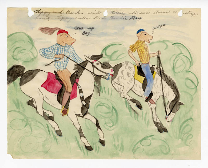 Mary Paulina Corbett, “[Tippy and Barkie ride their horses down a steep bank. Tippy rides Don. …