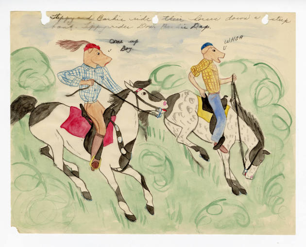 Mary Paulina Corbett, “[Tippy and Barkie ride their horses down a steep bank. Tippy rides Don. …