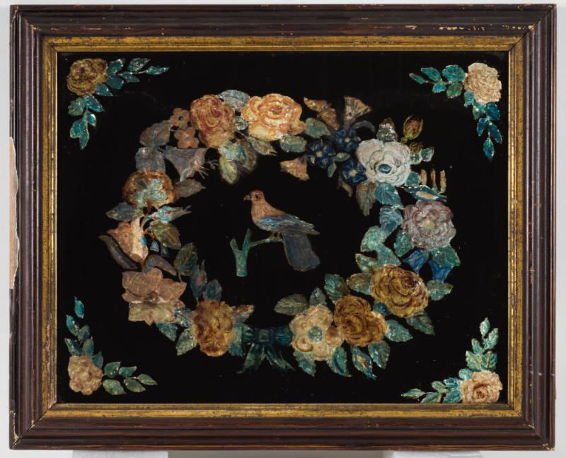 Artist unidentified, “Bird Surrounded By Garland”, United States, n.d., Glass, paint, foil, woo…