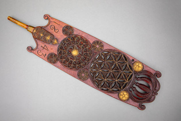 Artist unidentified, “Distaff”, Finland, 1843, Paint on carved wood, 19 3/4 x 5 1/2 x 7/8 in., …