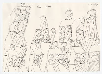 Oswald Tschirtner, “Eine Stadt”, Gugging, Austria, 1989, Ink on Schoellershammer 4G illustratio…