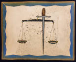 Artist unidentified, “Sword and Scales”, United States, 1890–1925, Paint on cardboard, 23 × 18 …
