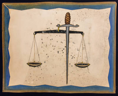 Artist unidentified, “Sword and Scales”, United States, 1890–1925, Paint on cardboard, 23 × 18 …