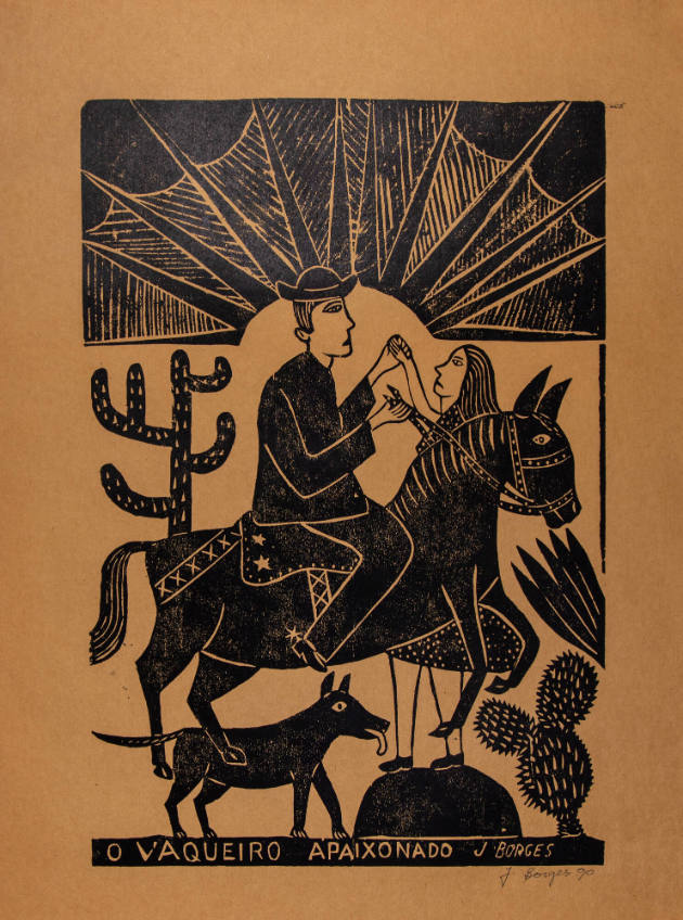 J. Borges, “O Vaqueiro Apaixonado”, Bezerros, Pernambuco, Brazil, 1990, Woodblock print on pape…