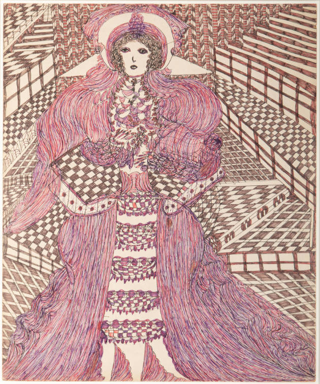 Madge Gill, “Untitled”, London, England, c. 1954, Ink on paper, mounted on board, 25 x 20 in., …