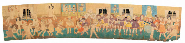 Untitled (Aqua tinted interior with multiple figures of girls and blengins) (double-sided)
Hen…