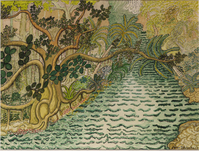 P. Minchell, (10/11/1889 -?), “River”, Florida, n.d., Watercolor and ink on paper, 17 1/2 × 23 …