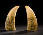 Pair of Scrimshaw Teeth: Children Watching Sailboats on Pond and
Family Generations
Artist un…