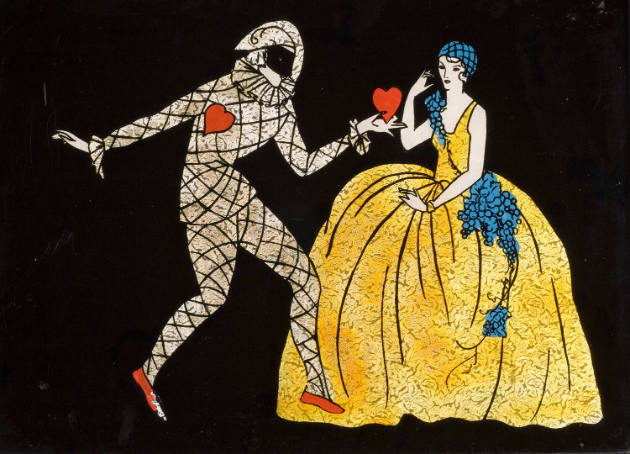 Halequin and Lady
Artist unidentifed
United States
c. 1930
Reverse painting and foil on gla…