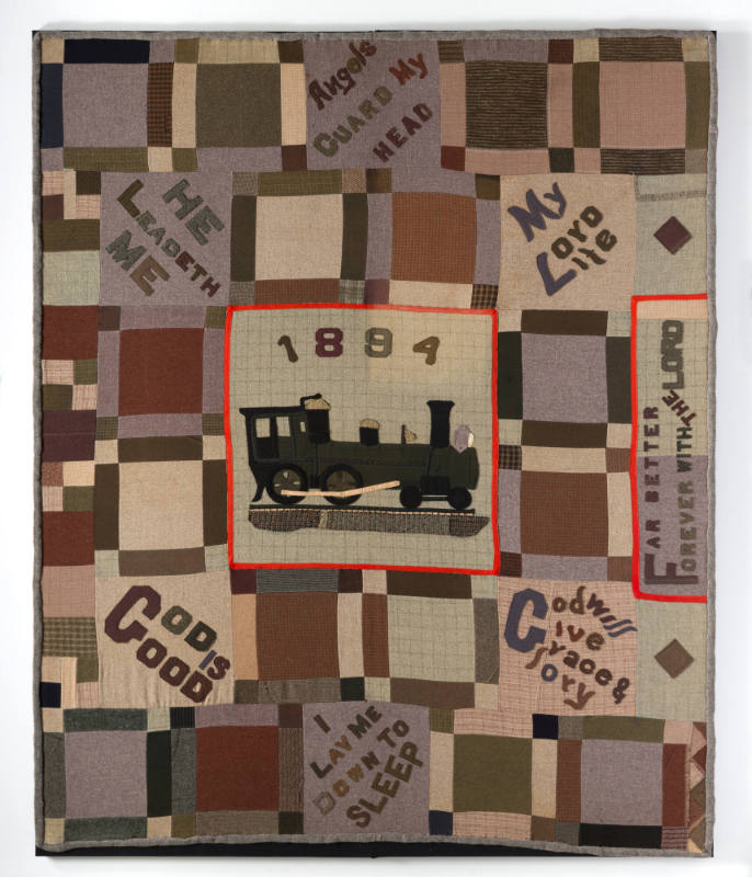 Artist unidentified, “"Angels Guard My Head"  Quilt,” United States, 1894, Suiting woolens, 79 …