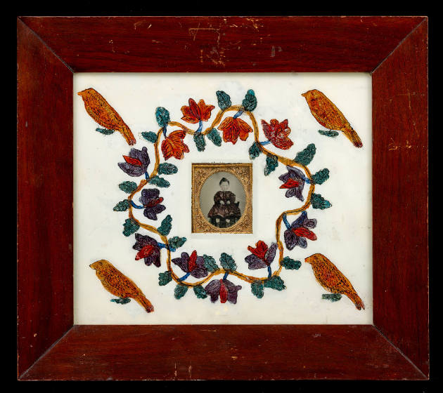 Wreath of Flowers with Birds and Daguerreotype of Child
Artist unidentified
United States
c.…