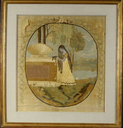 Elizabeth Merrick, “Mourning picture,” Cape Cod, 1800–1900 Silk embroidery on silk, 19 3/4 × 18…