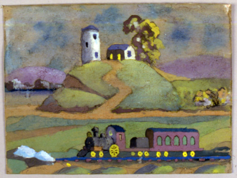 Edwin Welsh, “Train and Farmhouse”, Caernarfon, Wales, 1970, Gouache on cardboard, 11 × 8 3/4 i…