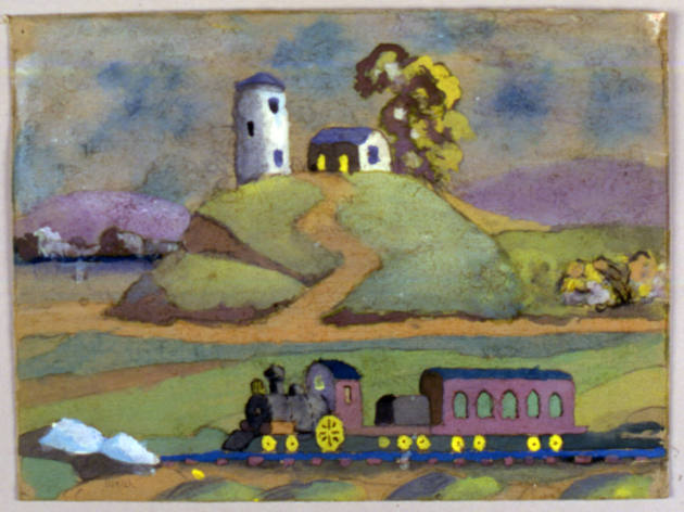 Edwin Welsh, “Train and Farmhouse”, Caernarfon, Wales, 1970, Gouache on cardboard, 11 × 8 3/4 i…