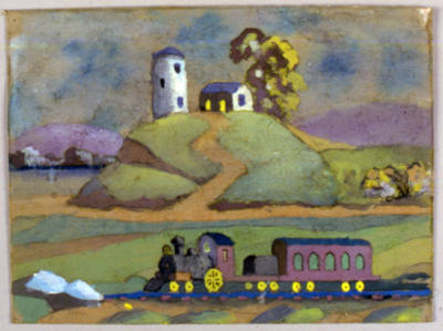 Edwin Welsh, “Train and Farmhouse”, Caernarfon, Wales, 1970, Gouache on cardboard, 11 × 8 3/4 i…