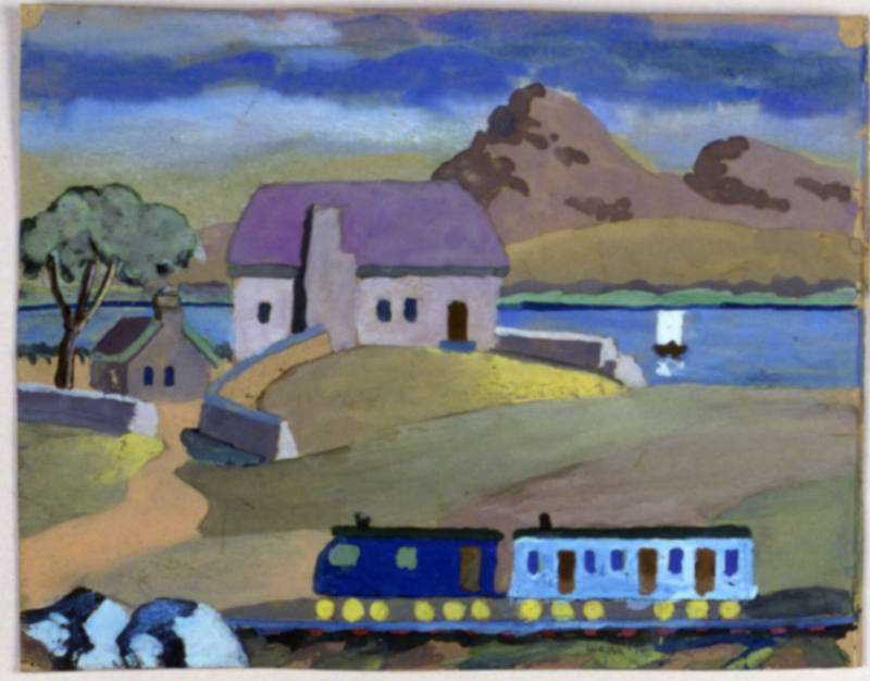 Edwin Welsh, “Locomotive of 1842”, Caernarfon, Wales, 1970, Gouache on cardboard, 4 × 8 3/4 in.…